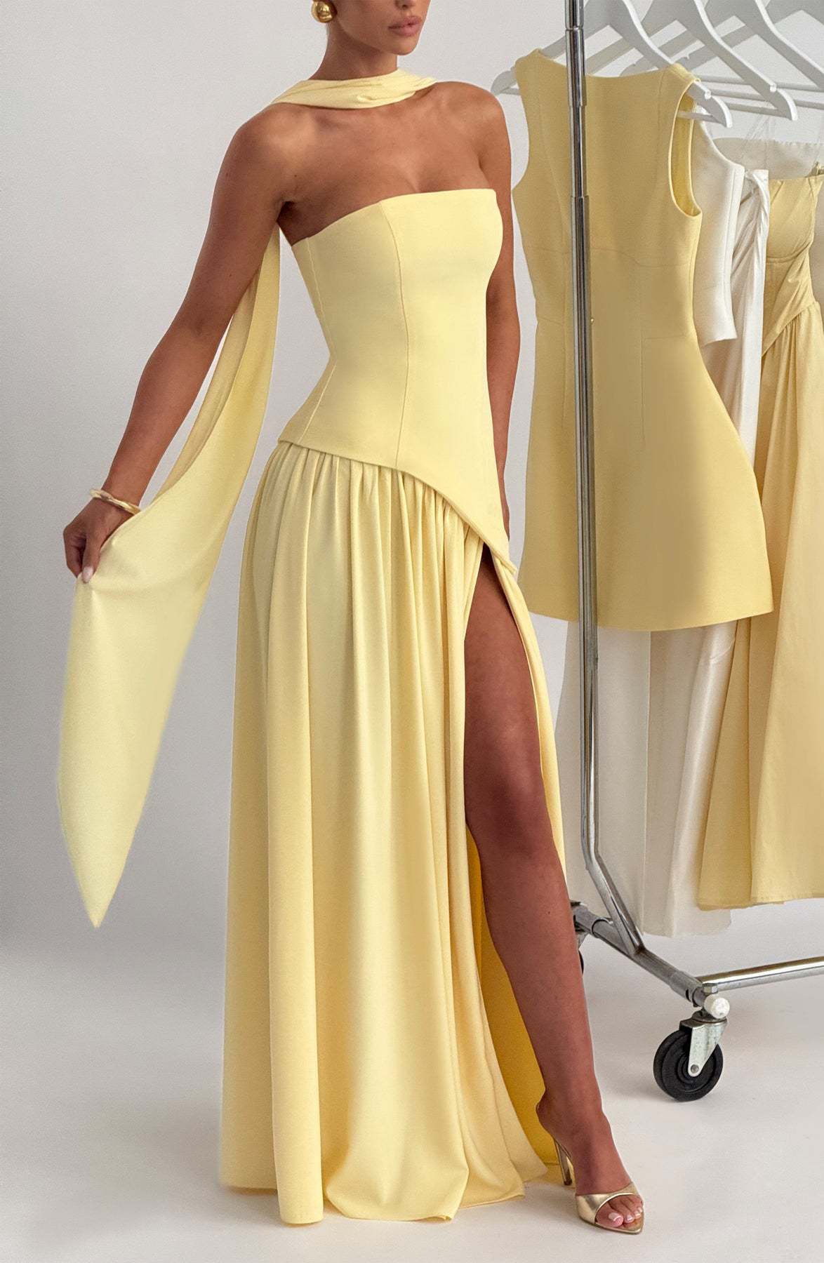 chinese dress ladies Elsa Butter Yellow Maxi Dress with Neck Scarf S (4/28)