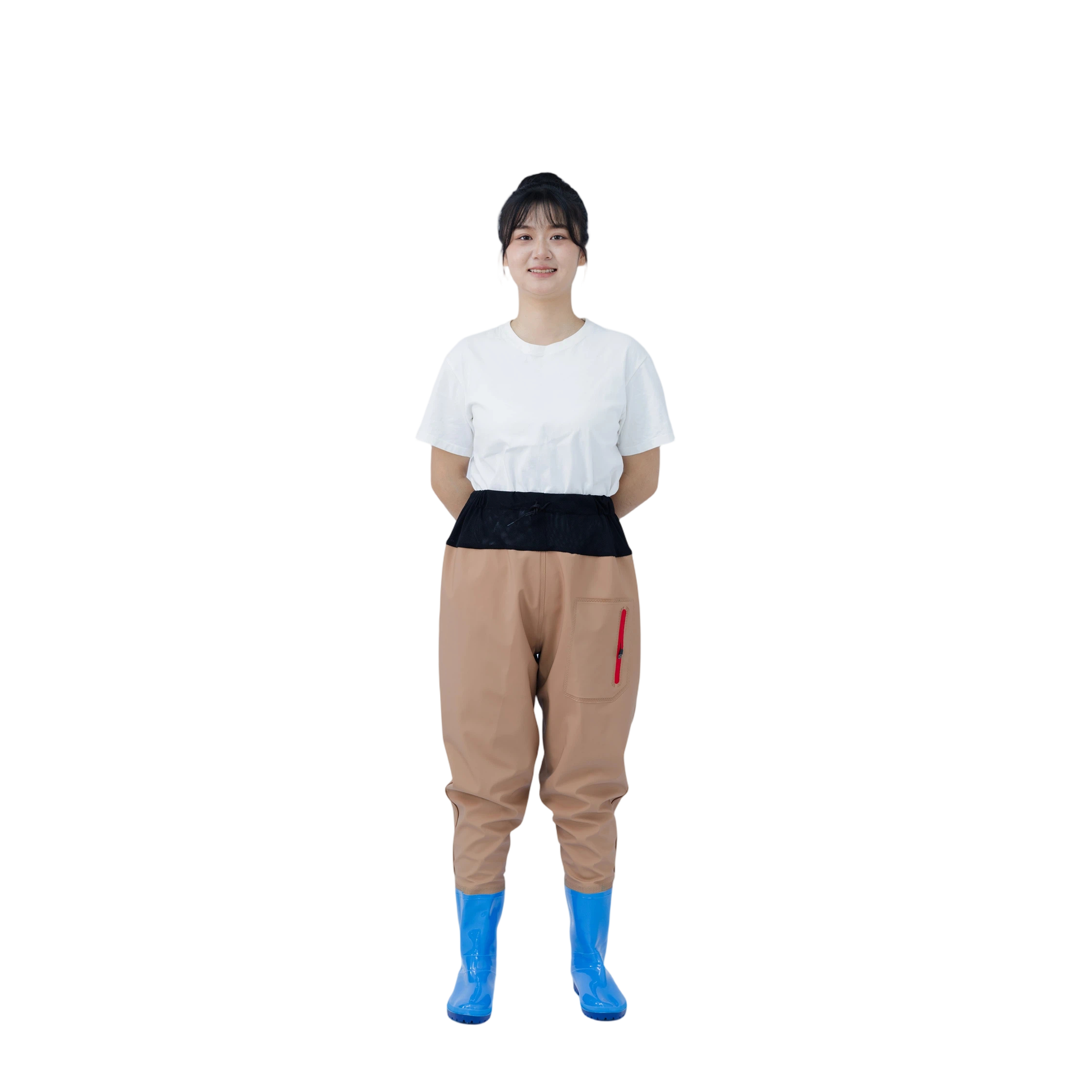 thumbnail interactive-video image 1 of PVC Waist Wader Pants With Boots - Waterproof Fishing Waders With Stockingfoots & Pockets 1 of 2
