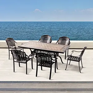 Antique Outdoor Garden Furniture Cast Aluminum Alloy Dining Long Table And Chair Set For 6