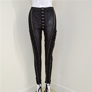 A3733 Leggings Aderenti con Lacci, <span class=keywords><strong>Pantaloni</strong></span> <span class=keywords><strong>Lunghi</strong></span> Sexy in Rete, <span class=keywords><strong>Pantaloni</strong></span> <span class=keywords><strong>Neri</strong></span> Estivi da Donna, Moda Femminile Elegante - Product Image 3