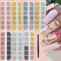 12 Grilles Or Taille Mixte En Acier Inoxydable Métal Perle Nail Art Décoration 3D Mini Petite Boule De Caviar Argent Charme Perle Manucure