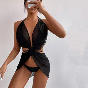 2022 nouvelles femmes Sexy noir maillot de bain dos nu famille maillot de bain 3 pièces cordes Bikini ensemble maille couvrir maillots de bain