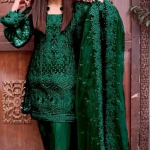 1/2 수 놓은 파키스탄 세련된 고품질 숙녀 3 조각 수 놓은 잔디 셔츠 Dupatta 바지 Unstitched 정장