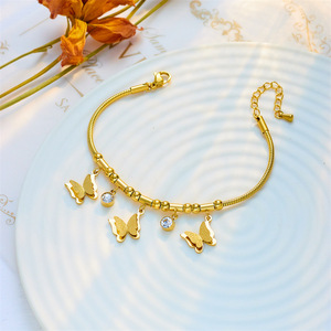 Butterfly Charm Bracelet Gold Tone Titanium Steel Chain With Crystal Pendant Gift Jewelry - Product Image 2