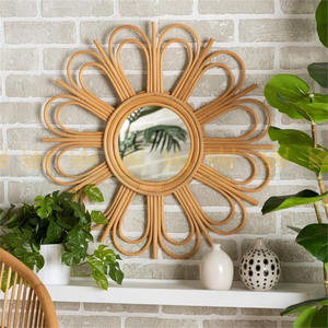 Miroir mural moderne de style bohème en rotin brun naturel avec fleurs Style unique pour chambre à coucher Personnalisé à des fins décoratives Offre Spéciale - Product Image 3