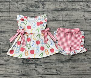 GSSO3258 Conjuntos de verano personalizados para niñas pequeñas con estampado de manzanas y letras ABC, conjuntos de manga corta para niñas al por mayor, conjunto para el regreso a clases - Product Image 1
