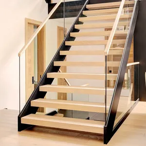 现代风格户外成品不锈钢楼梯成本镜池配件橡木木楼梯开钢h梁楼梯