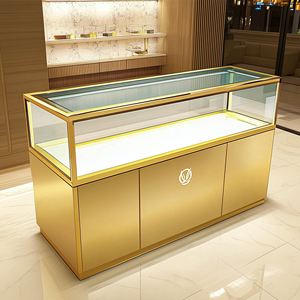 Armoire de présentation de bijoux moderne de luxe en bois MDF verre trempé lumière LED table de présentation de bijoux vitrine de bijoux dorée - Product Image 5