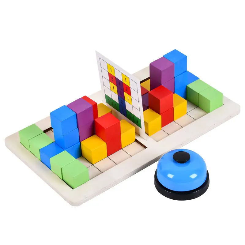 Montessori - Jogo de madeira 3D para crianças, jogo de cognição em forma geométrica lógica, jogo de empilhamento de blocos de batalha para dois jogadores, brinquedo educativo para crianças, desenho de madeira montessori