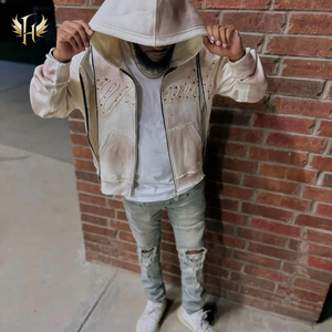 Premium Herren Winter Crop-Hoodie Dreifach-Reißverschluss 100% Baumwolle Gewaschen Sonnengebleicht Gefüttert Strass-Bestickt Distressed-Stil - Product Image 3