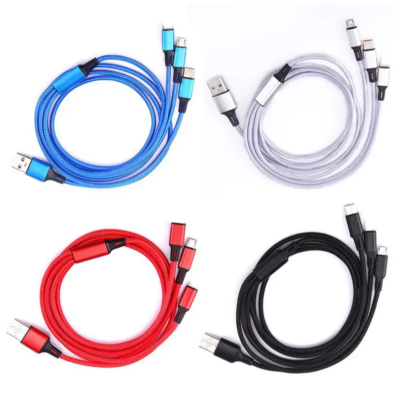 Custom 3 in one nylon usb cable 3-in-1/3in1 Charging Data Cable phone Type C Android 3 in 1 usb cable charger