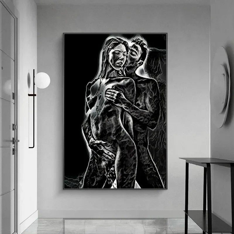 لوحة زيتية جنسية للعشاق, لوحة زيتية مرسومة على قماش القنب باللون الأسود لغرف المعيشة والمنزل