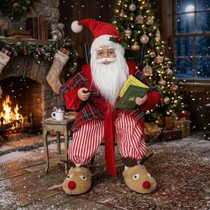 Figura de Papá Noel Navideño con Libro y Taza de Té, Túnica a Cuadros Roja y Pantuflas de Reno, Linda Decoración para el Hogar o Escritorio - Product Image 5