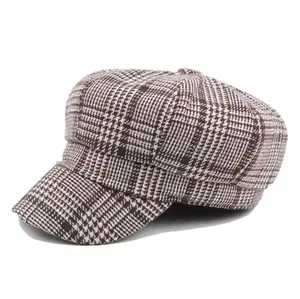 2024 Hot Sale Fashion Women Daily Hat Korea Japan Style Spring Autumn 100% Cotton Herringbone Checked Newsboy Cap Hat Beret