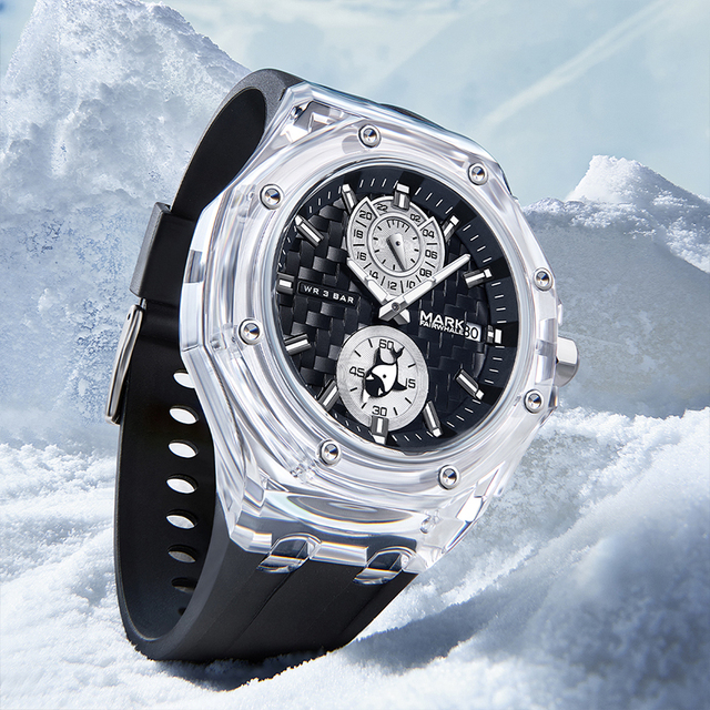 Mark Fairwhale Fashion Chronograph Sport Men Watches Luxury Acrylic Transparent case 3ATM Waterproof Male Quartz Watch FW-5830