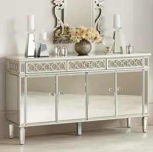Hot Selling Luxury Sparkle Living Room Cabinet 4 Door Sideboard Full Mirrored Dresser for Home Hotel