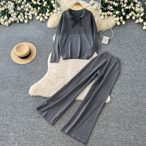 Conjuntos de 2 Piezas de Punto para <span class=keywords><strong>Mujer</strong></span>, Top de Manga Larga con Cuello y Detalle de Lazo, Pantalones Anchos de Cintura Alta, Atuendos Casuales para Otoño y Uso Diario - Product Image 2