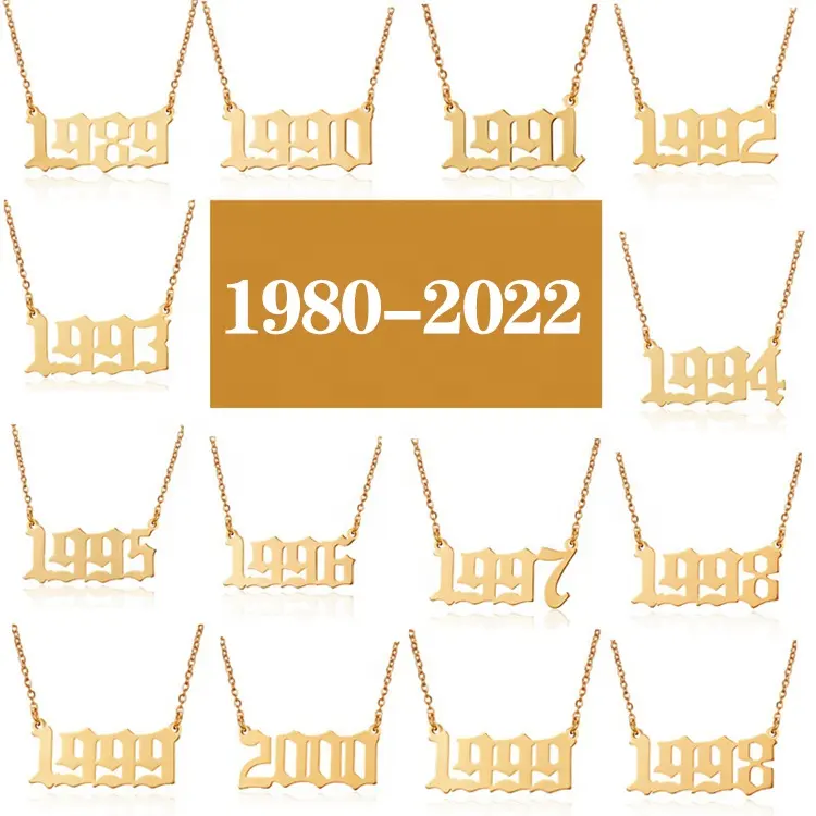 1980-2022ทองคำ18K แบบไม่เสื่อมเสียพร้อมจี้สร้อยคอหมายเลขปีเกิดทำจากสเตนเลสภาษาอังกฤษสำหรับผู้หญิง