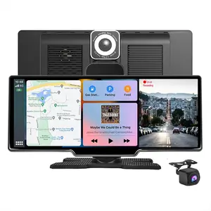 Kamera dasbor mobil Stereo, layar sentuh portabel 10.26 "HD IPS layar sentuh Stereo lensa ganda DVR nirkabel untuk Android Auto & Carplay dengan Monitor kartu TF