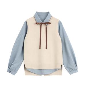 Women's Knitted <b>Sweater</b> Vest <b>Set</b> Loose Fit Crew Neck Breathable Two Piece Casual Top With Bow Detail - Product Image 1