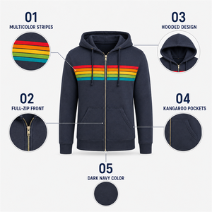 <b>Women's</b> <b>Navy</b> Rainbow Striped <b>Zip</b> <b>Up</b> <b>Hoodie</b> Fleece Hooded Sweatshirt with Kangaroo Pockets - Product Image 2