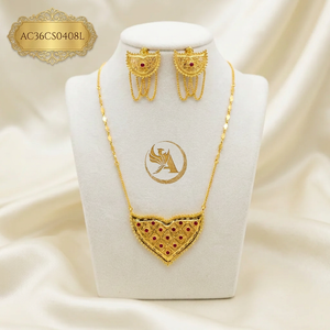 Gold Plated Heart Shape <b>Ruby</b> <b>Necklace</b> and Earring Set Women's Vintage Jewelry Alloy Fashion Jewelry CHIKSET - Product Image 1