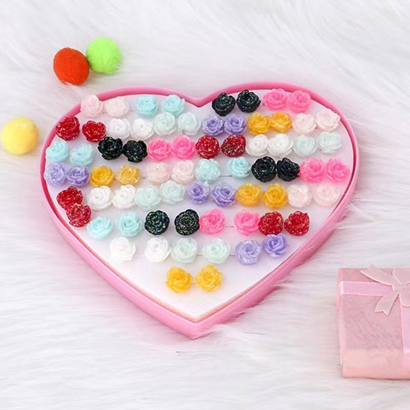 Yane Brand Cute Girls Rose Charm Earrings Set 36 Pairs Per Box Plastic Jewelry Ready To Ship