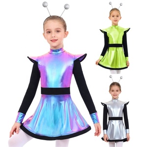 Disfraz de alienígena para niñas de 6 a 16 años, vestido metálico con pantalones cortos incorporados y diadema a juego para disfraces temáticos de danza lírica y jazz - Product Image 1