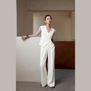 Costume Deux Pièces Femme - Gilet Slim Et Pantalon Taille Haute Plissé - Coton Léger Pour L'été