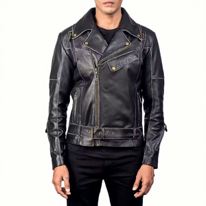 Mens Real Black Leather Jacket Asymmetrical Zip <b>White</b> Stitch <b>Belted</b> Waist Sheepskin Biker <b>Coat</b> Custom Vintage Winter Outerwear - Product Image 1