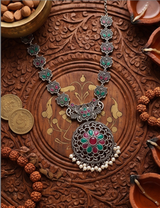 DIVYORO Elaborate Oxidized Long <b>Necklace</b> Set with Pink and Green Stones Designer <b>Statement</b> <b>Necklace</b> Set with Earrings - Product Image 2