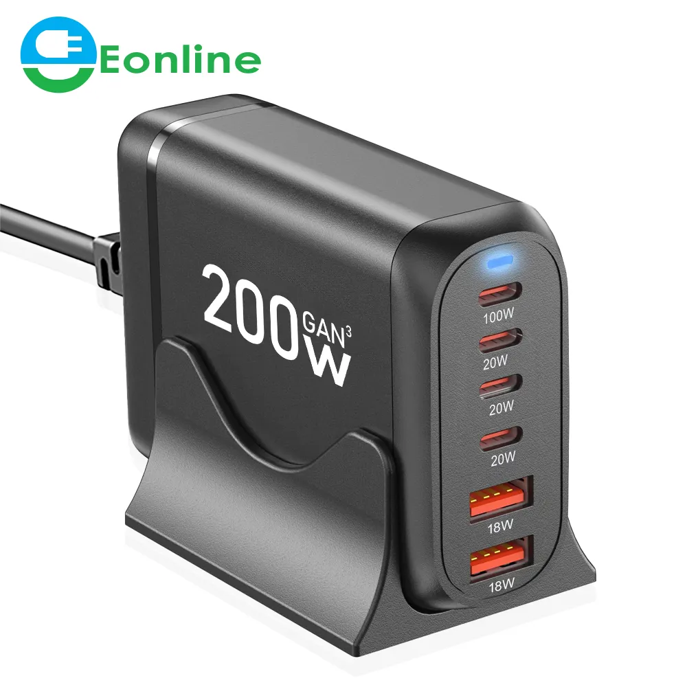 Eonline 3d 6 Poorten 200W Gan Voedingsadapter Pd 65W Snellader Type-C Laadstation Voor Macbook Iphone 15 Samsung Xiaomi