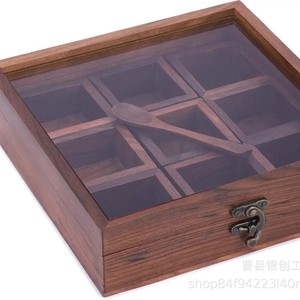 Wooden <b>Vintage</b> Spice Storage <b>Box</b> Flip Top Transparent Glass Divided Compartments Condiment Organizer Kitchen Use - Product Image 3