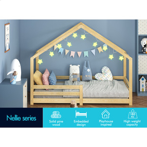 Lit cabane en pin massif pour enfants, inspiré des maisons de poupées, avec barrières de sécurité, pour les enfants de 1 à 6 ans, meubles de chambre à coucher - Product Image 2