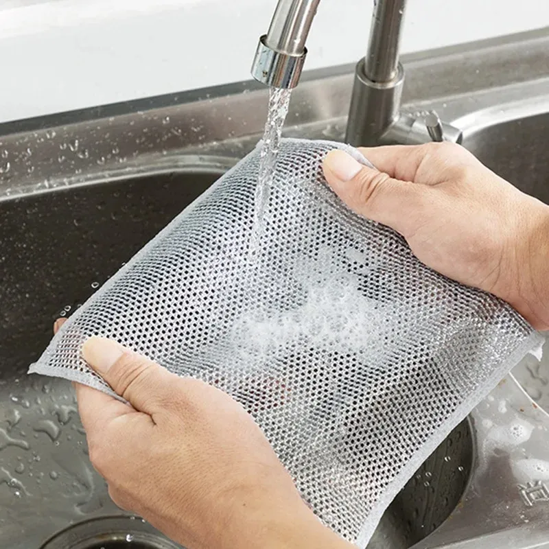 Strofinaccio in microfibra in filo d'argento panno per la pulizia della cucina in filo di acciaio incorporato a sfera per lavare asciugamano straccio-cotone in poliestere W23-418