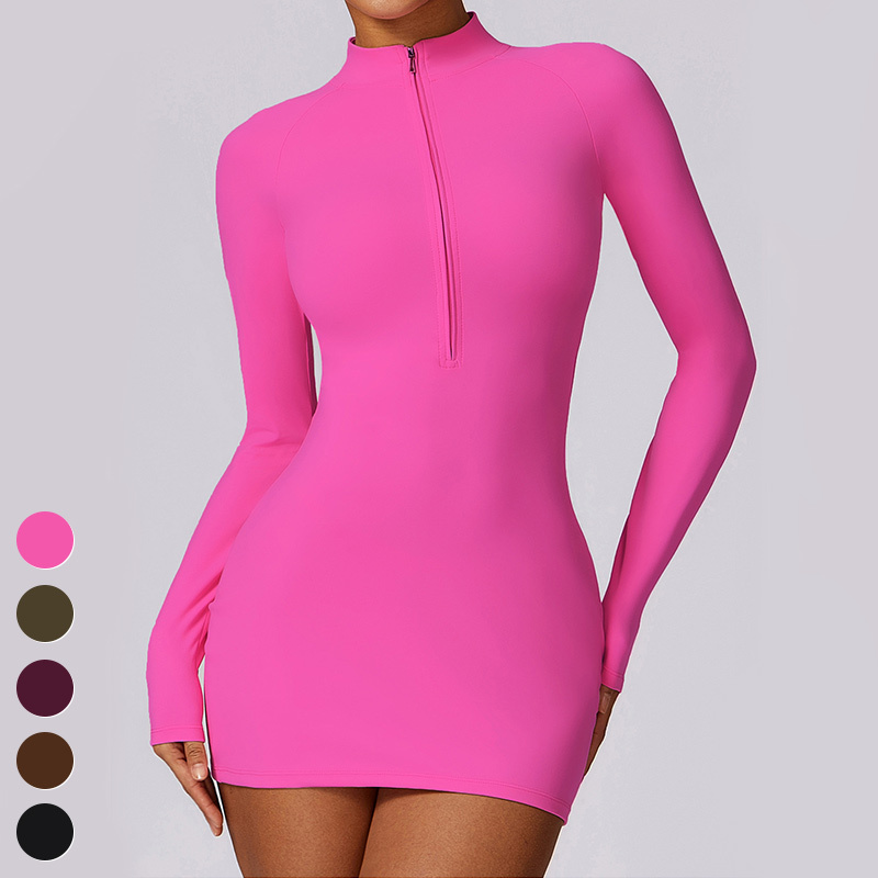 High Elastic Half Zipper Tight Yoga Dress Long Sleeve Outdoor Casual Skirt Quick Dry Fitness Golf Dresses Women Sports Dress