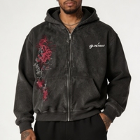 Sweat à capuche sport pour homme en molleton français, vintage, en coton délavé et vieilli, avec double fermeture éclair, imprimé personnalisé et fermeture éclair ornée de strass