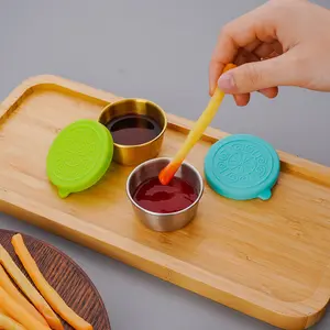 304 paslanmaz çelik sos kabı çeşni küçük silikon daldırma fincan Mini Dips gıda saklama kapları silikon kapaklı