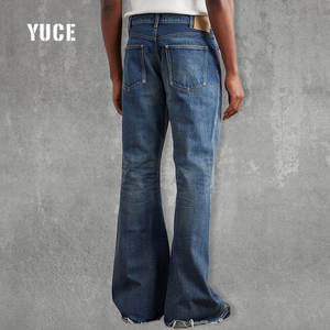 पतलून निर्माता कस्टम फीडेड वॉश प्रिंट ब्लू ओवरसाइज बेल बॉटम बूटकट व्यथित विंटेज डेनिम पैंट वाली जींस पुरुषों - Product Image 3