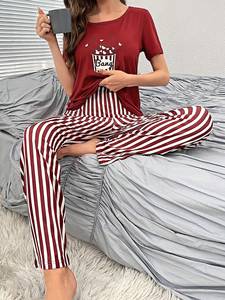 2025 Stripe Pattern <strong>Cute</strong> Summer Pajamas <strong>Set</strong> Women Loungewear Pajamas Short Sleeve Tops With Long Trousers Ladies <strong>Pj</strong> <strong>Set</strong> - Product Image 3