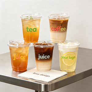 Vaso de Plástico Transparente Desechable Personalizado al por Mayor para Mascotas con Tapa de Cúpula, Tapas Antiderrames y Servilleta para Café Helado, Té de Burbujas y Bebidas - Product Image 1