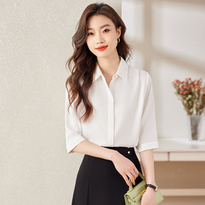 Women's Mid Sleeve White Chiffon Shirt Solid Color Office Wear Simple Style 2024 Fashion Elegant Blouse - Product Image 4