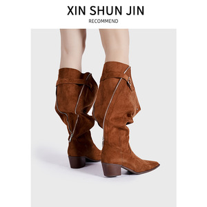 Bottes de cow-boy occidentales à talons hauts, à bout pointu, à fermeture éclair, de haute qualité, en gros, talons épais, bottes à tube long pour femmes - Product Image 4