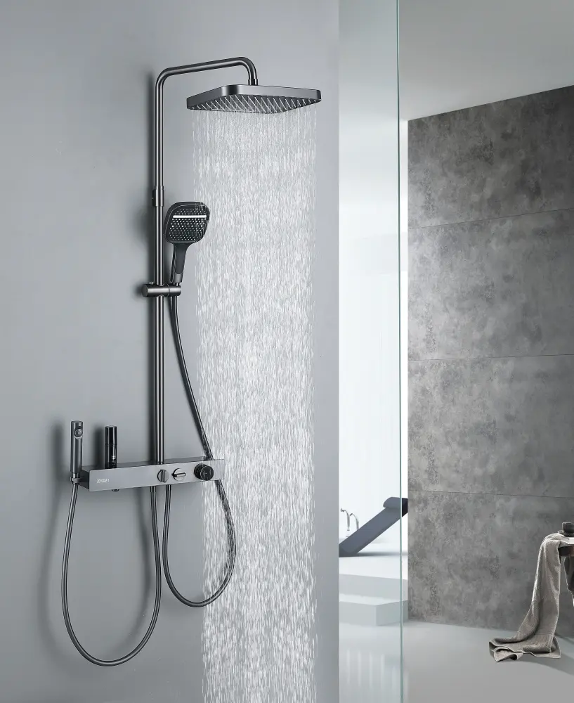 LED Digital anzeige Zeit dusch system Messing Luxus Regen mischer Wanda rmatur Wasserhahn Grau Badezimmer Regen dusche Set Edelstahl