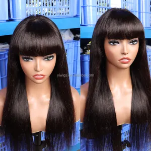 28 30 Inch Fringe Wig Human Hair Cheap Long Brazilian Bone Straight 100% Human Hair Wig With Bangs For Women