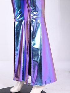 Womens Metallic Flare Pants High Waist V Notch Front Slit Bell Bottom <b>Disco</b> 70s Club Festival Party Holographic <b>Trousers</b> Custom - Product Image 5