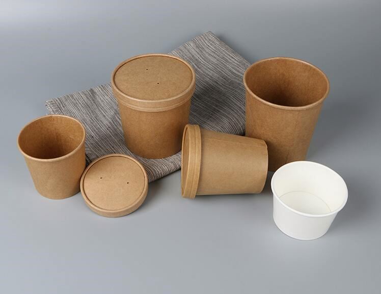 12oz Custom Printed Disposable Take Out Paper Food Container Kraft Paper Cup Salad Soup Ice Cream Cup with Lid