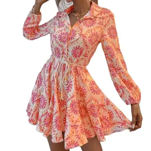 2022 Women Casual Country Style Allover Print Godet Hem Belted Shirt dresses custom print dress