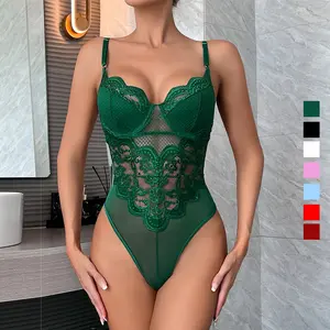 Grüne Spitze Teddy Dessous Enge Sexy Bodysuit Frauen One Piece Under wire für Mädchen