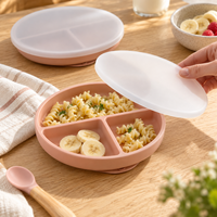 Assiette d'alimentation pour bébé en silicone réutilisable avec couvercle, base à forte ventouse, trois compartiments, vente en gros directe d'usine